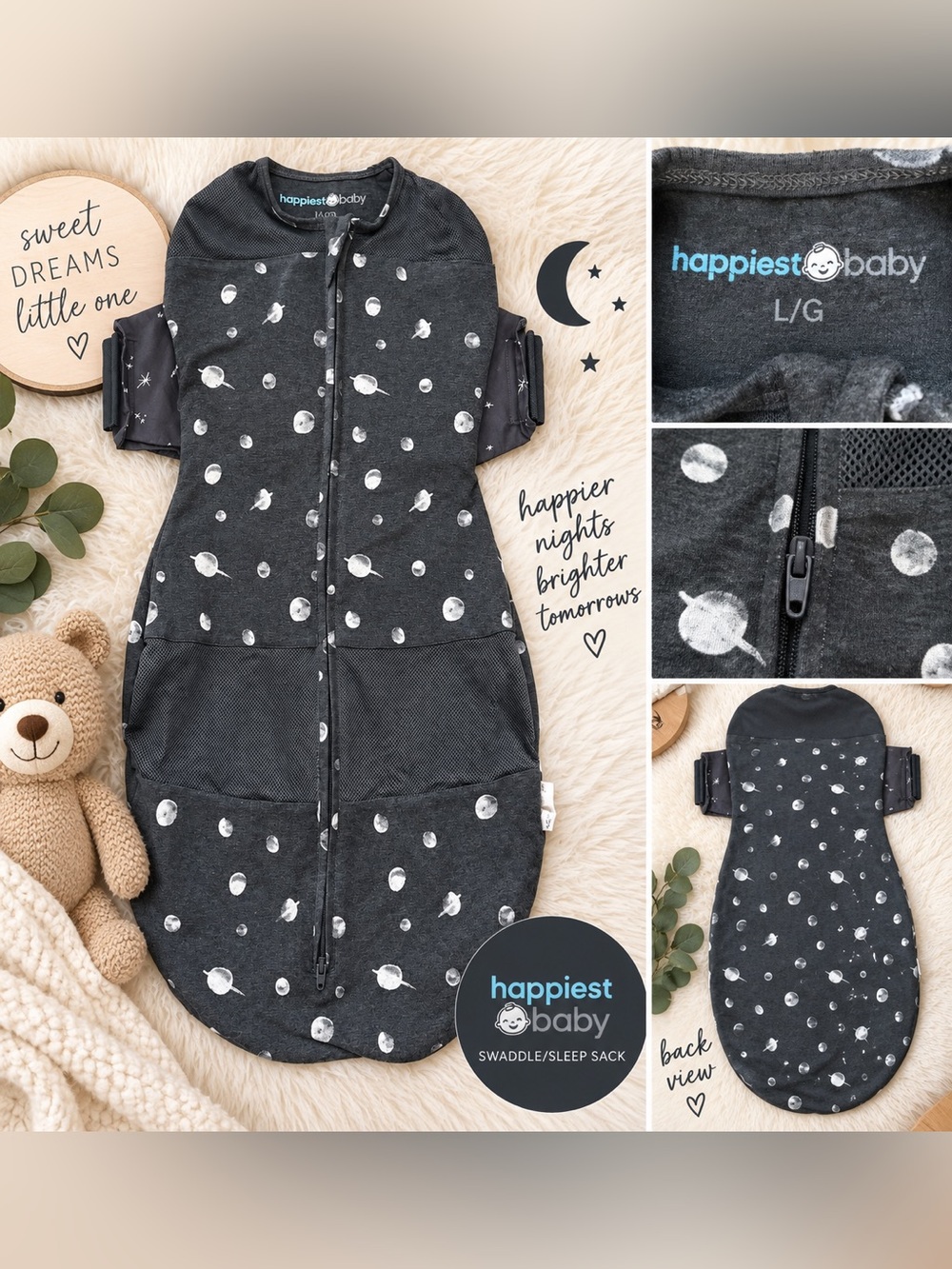 Happiest Baby SNOO Sack Swaddle Sleep Sack L/G Gray Moon & Stars